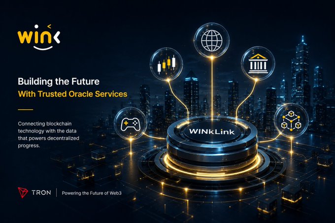 A promotional banner for 'WINk - Building the Future With Trusted Oracle Services' featuring WinLink, powered by TRON, with icons for gaming, finance, and global services.
