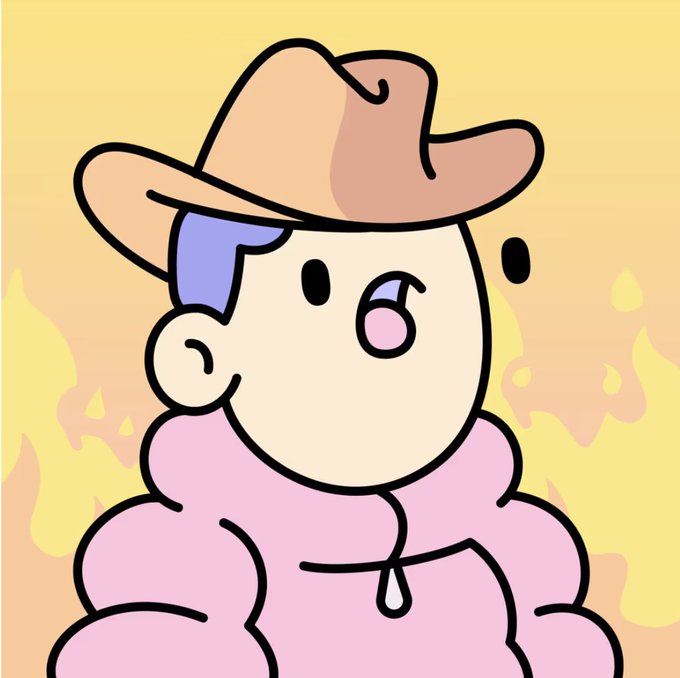 Cartoon illustration of a character with a pink puffy jacket, blue hair, and a brown cowboy hat against a yellow flame-patterned background.