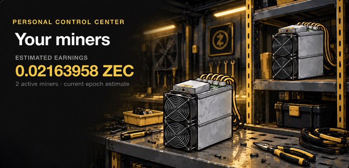 A 'Personal Control Center' dashboard displaying estimated mining earnings of 0.02163958 ZEC from 2 active miners, set against an industrial workshop background with mining hardware.