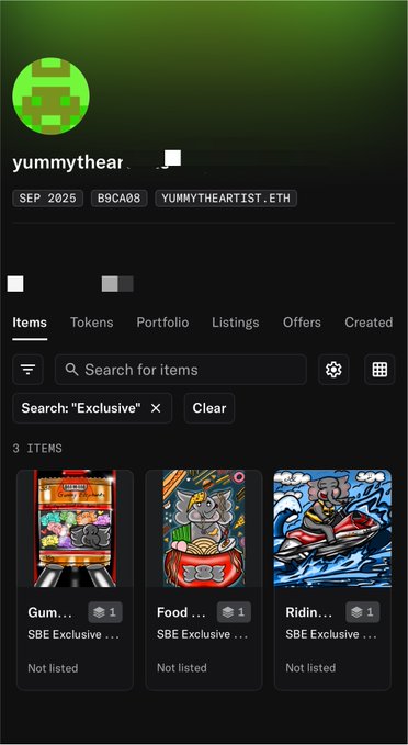 A mobile app screen showing a user profile 'yummytheartist_' with username 'yummytheartist_eth' displaying three NFT items including 'Gum...' and 'Ridin...' labeled 'SBE Exclusive'.