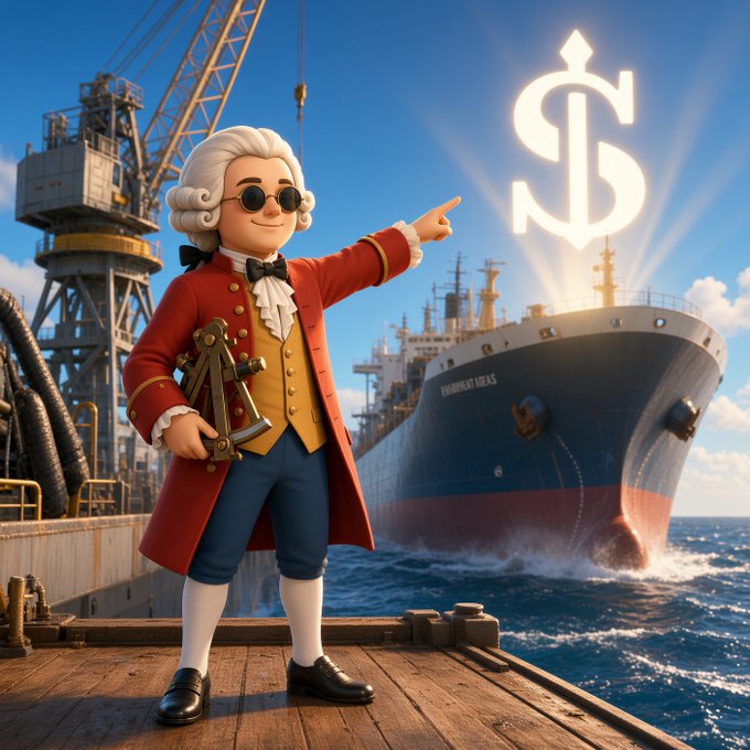 A 3D-rendered cartoon figure of a colonial-era gentleman in a red coat and powdered wig, holding a sextant and pointing toward a glowing dollar sign hovering over a large cargo ship.