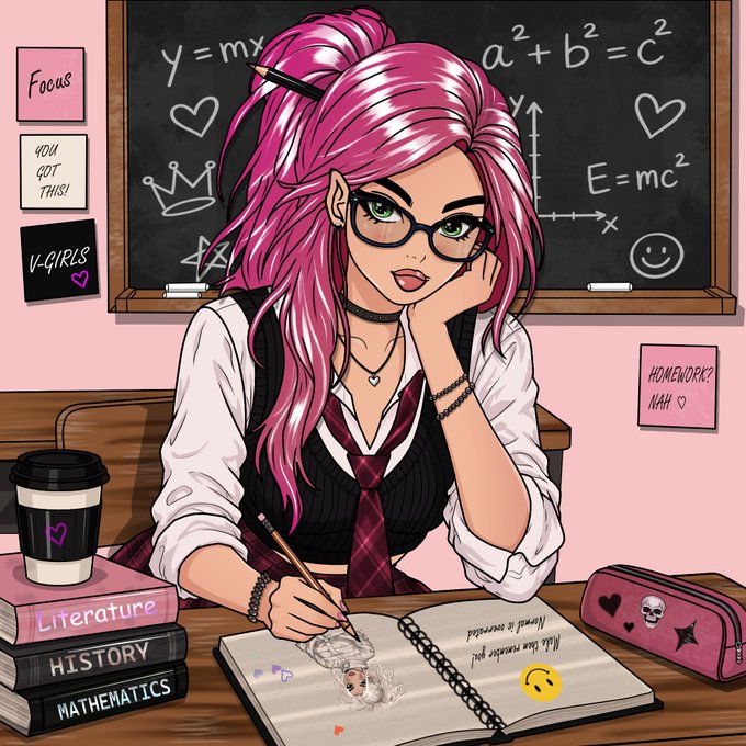 An anime-style illustration of a pink-haired girl with glasses sitting at a desk, writing in a notebook, with chalkboard equations behind her and books labeled 'Literature', 'History', and 'Mathematics' beside her.