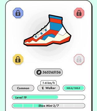 The image shows a shoe with a blue, red, white, and orange design, placed on top of a white background. The shoe appears to be a sneaker or athletic shoe, possibly designed for walking or running activities. There are four lockets in the image, each representing different levels of difficulty for the game. One locket is labeled "Common", another one is labeled "Level 19", and two more lockets have the same label as well. The remaining lockets do not have any specific labels.