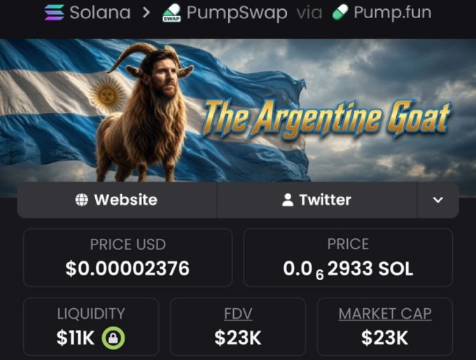 A screenshot of a cryptocurrency token page on Solana via PumpSwap/Pump.fun titled 'The Argentine Goat,' showing an anthropomorphic goat in front of the Argentine flag, with a price of $0.00002376 USD and a market cap of $23K.