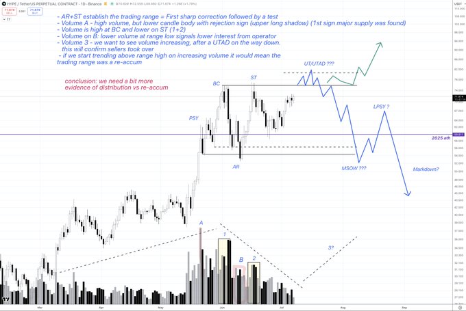 A daily candlestick chart of the perpetual contract for the ticker "HYPE/USDT" on Binance, annotated with Wyckoff method analysis including labels like "AR+ST," "BC," "ST," "UTAD??," "LPSY?," "MSOW??," and "Markdown?" alongside volume bars marked at points A, B, 1, 2, and 3, with notes emphasizing that Wyckoff analysis requires volume study rather than being just a price drawing or schematic.