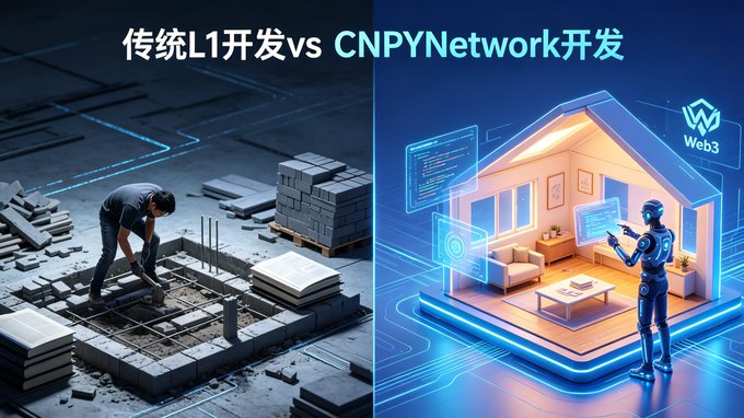 A side-by-side comparison titled "传统L1开发 vs CNPYNetwork开发" (Traditional L1 Development vs CNPYNetwork Development), contrasting a worker manually laying brick foundations on the left with a futuristic scene of a robot assembling a digital home with Web3 icons on the right, visually illustrating the post's message about CNPYNetwork's streamlined development experience versus the cumbersome process of traditional L1 blockchain development.