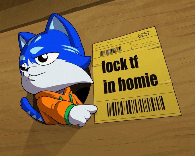 A blue cartoon cat character in an orange hoodie stands next to a yellow ticket labeled "6057" that reads "lock tf in homie," playfully urging viewers to hold onto their $TOSHI investment.
