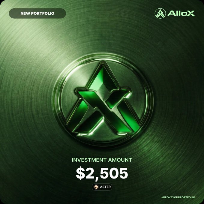 A promotional graphic from AlloX highlighting a new portfolio investment of $2,505 in Aster (ASTER), featuring a metallic green logo design and the tagline "Prove Your Portfolio." The image showcases the platform's branded announcement of the user's investment, visually representing their active engagement with the AlloX portfolio service.