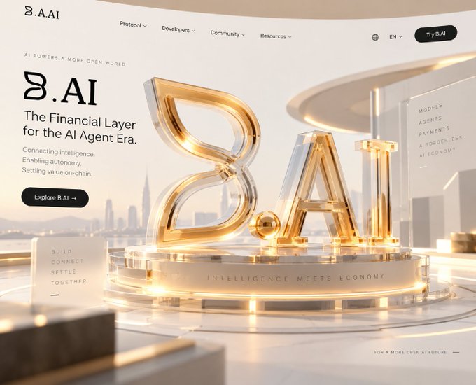 The promotional homepage for '8.AI', described as 'The Financial Layer for the AI Agent Era,' with 3D golden '8.AI' sculptures on display and taglines including 'AI POWERS A MORE OPEN WORLD' and 'INTELLIGENCE MEETS ECONOMY.'