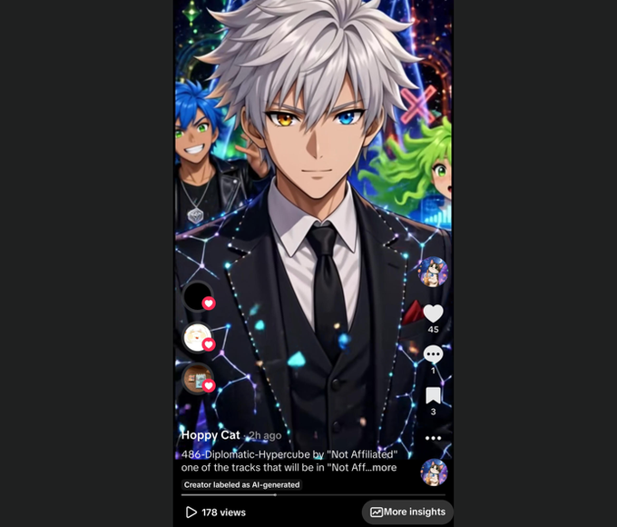 A duplicate of Image 2, showing the same TikTok screenshot of the AI-generated anime character with heterochromatic eyes in a suit, posted by Hoppy Cat 2h ago.