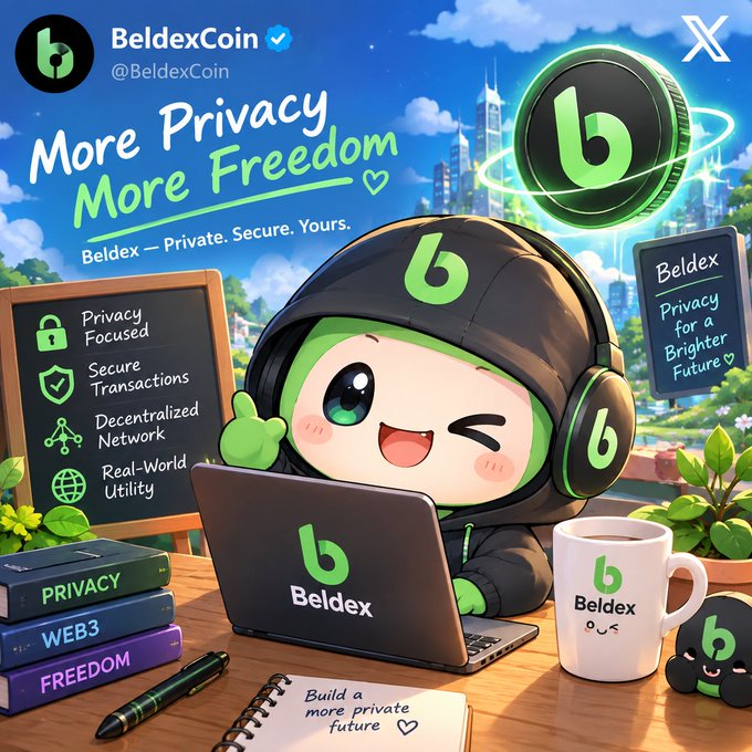 A promotional Twitter/X post by BeldexCoin (@BeldexCoin) featuring a chibi mascot wearing a black hoodie and headphones working on a laptop, with text reading 'More Privacy More Freedom' and listing features like Privacy Focused, Secure Transactions, Decentralized Network, and Real-World Utility.