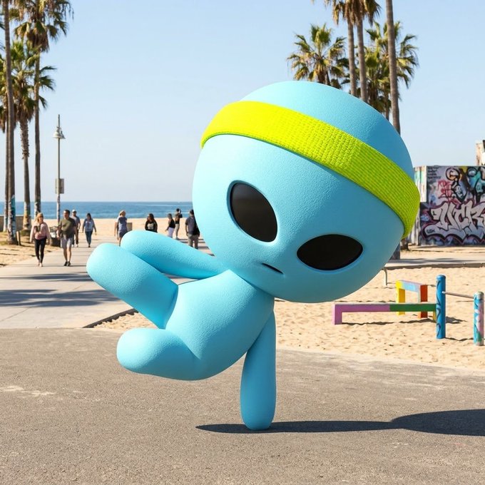 A 3D-rendered light blue alien character wearing a yellow headband performs a yoga pose on a paved walkway at a beachside promenade with palm trees in the background.