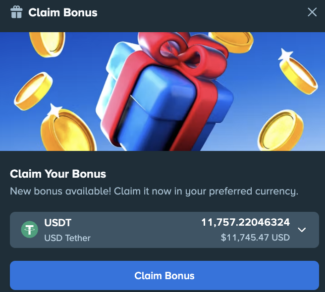 A "Claim Bonus" popup offers a reward of 11.75722046324 USDT (approximately $11,745.47 USD) with a blue gift box graphic, aligning with a monthly giveaway where users can claim crypto bonuses by sharing their Stake usernames.