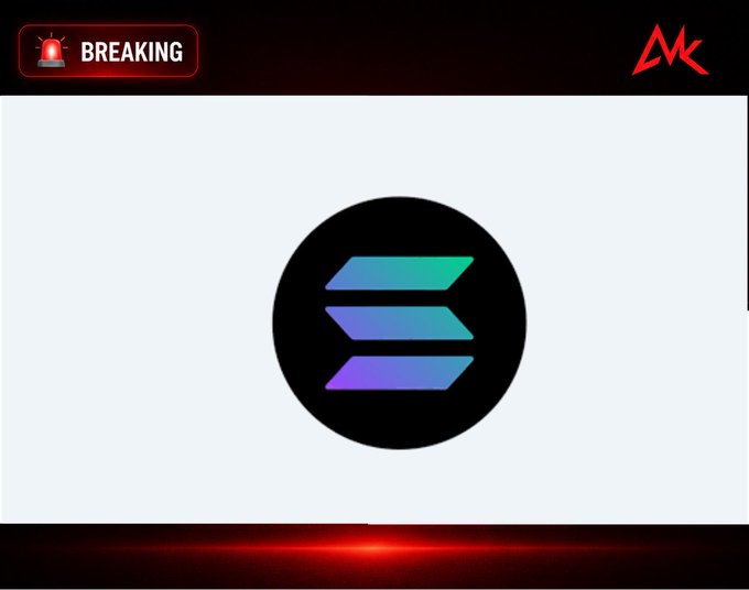 A Solana logo on a white background with a 'BREAKING' news-style alert at the top left and an 'MK' logo at the top right.