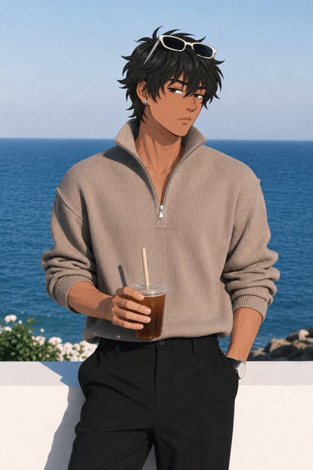 An anime-style illustration shows a young man with dark hair and sunglasses perched on his head, wearing a beige half-zip sweater and holding an iced coffee drink by the sea.