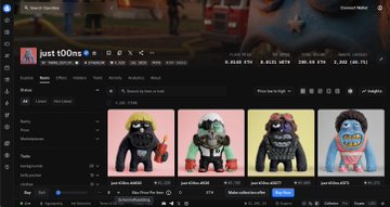 A screenshot of an NFT marketplace listing 'just 100ns' collection showing four ape-like character NFTs with varying floor prices.
