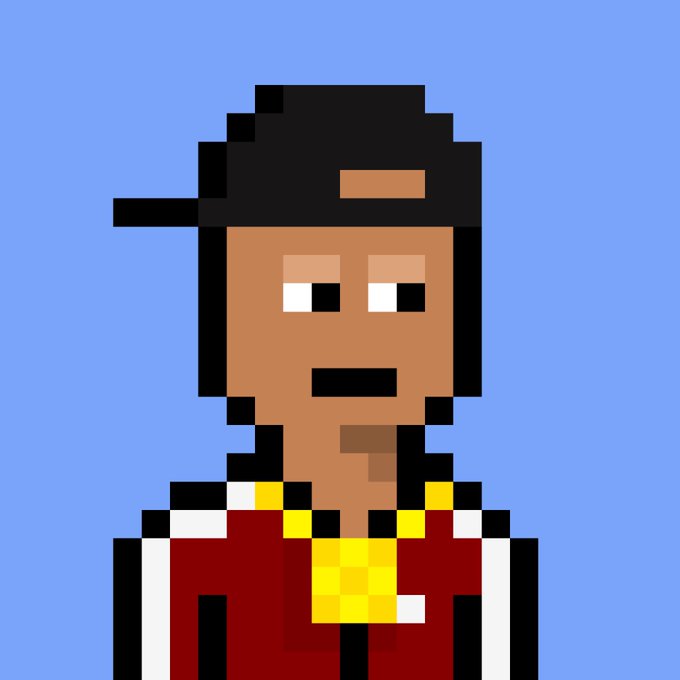 A pixel art portrait of a young man wearing a black baseball cap and a red jacket over a yellow shirt, set against a light blue background.