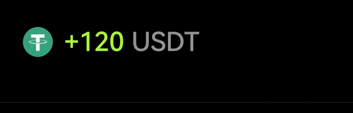 A black screen displays the Tether (USDT) cryptocurrency logo in a green circle alongside the text '+120 USDT' in green and gray.
