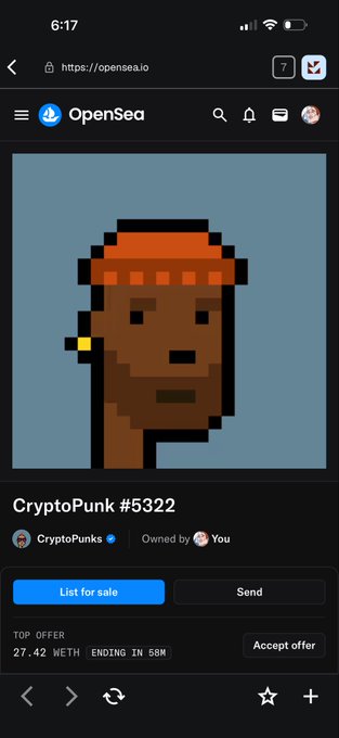 A mobile screenshot of the OpenSea NFT marketplace showing CryptoPunk #5322 owned by 'You', featuring a pixel-art character with a red bandana and earring, with a top offer of 27.42 WETH.