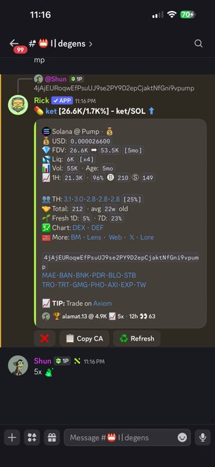 A Discord screenshot showing a post in "degens" channel from "Rick" promoting the $KET token (priced at 26.6K/11.7%) with a Solana Pump analytics card featuring market cap $9M, 21.3K holders, and contract address details. The image aligns with the accompanying post about holding $KET for 5x gains while avoiding Robinhood, showcasing the token's trading data on Axiom platform.