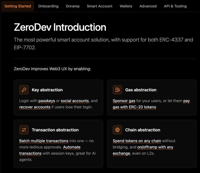 A 'ZeroDev Introduction' documentation page describing a smart account solution supporting ERC-4337 and EIP-7702, highlighting features like Key abstraction, Gas abstraction, Transaction abstraction, and Chain abstraction.