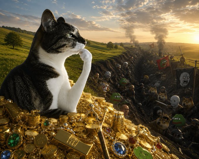 A surreal AI-generated scene depicting a large black-and-white tabby cat sitting on a pile of gold coins and treasures, overlooking a battlefield filled with meme characters like Pepe the Frog and Doge marching into the distance at sunset.
