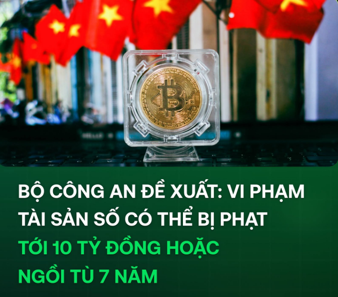 A Bitcoin coin displayed in front of Chinese flags on a laptop keyboard, with Vietnamese text translating to a Ministry of Public Security proposal that digital asset violations could be fined up to 10 billion VND or sentenced to up to 7 years in prison.