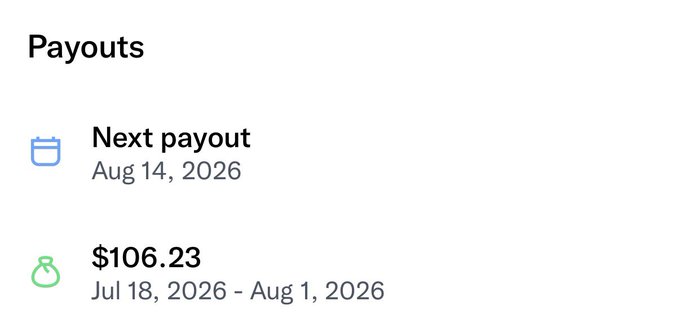 A payout information panel showing a next payout date of Aug 14, 2026, and a previous payout of $106.23 for the period Jul 18, 2026 - Aug 1, 2026.