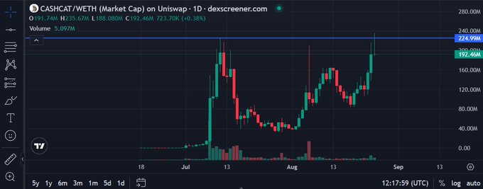 A TradingView chart showing CASHCAT/WETH (Market Cap) on Uniswap at 1D timeframe on dexscreener.com, displaying a price of 224.99M (+0.38%) with a recent uptrend.