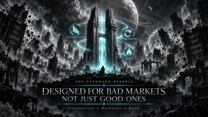 A promotional graphic for 'THE STANDARD RESERVE' cryptocurrency, featuring a dark fantasy cityscape with the tagline 'DESIGNED FOR BAD MARKETS NOT JUST GOOD ONES' and icons for 'CONTRACTION', 'BUYBACKS', and 'BURN'.