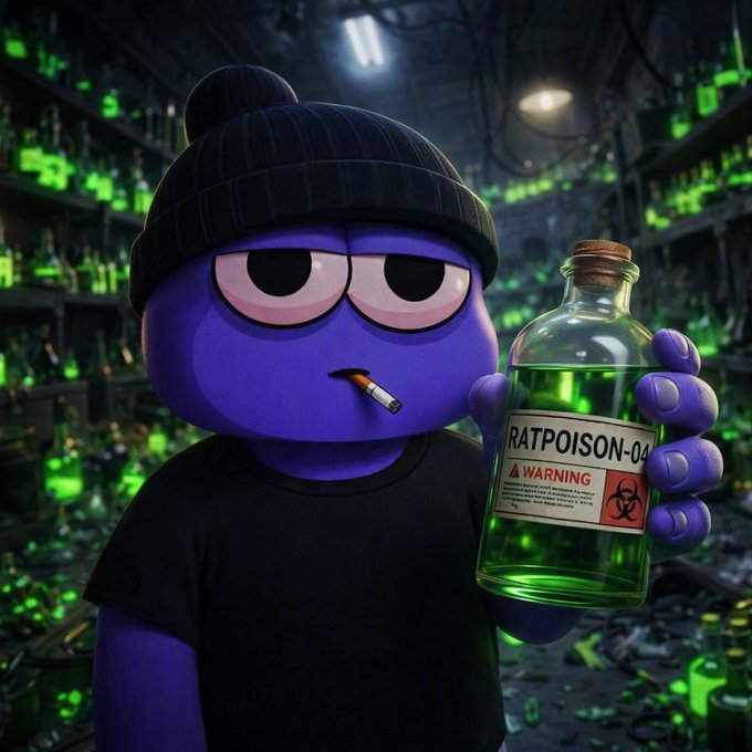 A 3D-rendered purple cartoon character wearing a black beanie and shirt holds a glass bottle of green liquid labeled 'RATPOISON-04' with a biohazard warning, while smoking a cigarette in a dark laboratory lit by green screens.