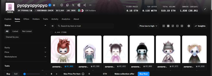 A screenshot of the pyopyopyop NFT collection on OpenSea shows a floor price of 0.16 ETH (0.116 WETH) with 519.1 ETH total volume and 1,636 owners, displaying six listed items priced between approximately 1,000-3,400 ETH. The image supports the post's bullish sentiment by visualizing the collection's active marketplace with multiple items listed for sale amid anticipation for the upcoming game and token launch on Robinhood.