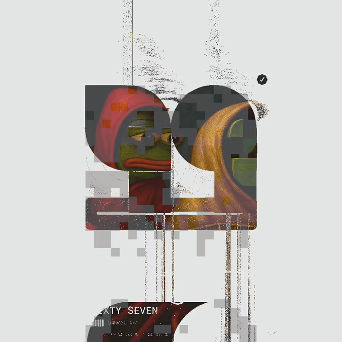 Glitchy digital art featuring stylized character faces with red hair and orange hair, displayed over a pale gray background with paint-drip effects and partial text reading 'XTY SEVEN' and 'SIXTY SEVEN'.