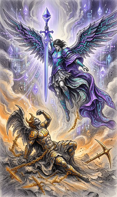 A fantasy illustration depicting a winged angel in purple armor wielding a glowing sword against a fallen, chained demonic figure below amidst purple crystals.