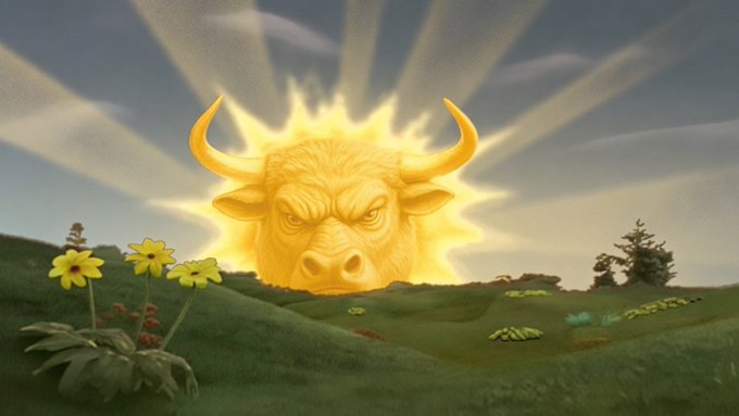 A golden sun-like bull head with glowing rays rises over a green grassy hill, with a small figure standing on a hill beside large yellow flowers.