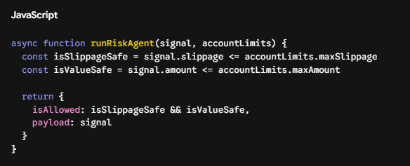 A JavaScript code snippet defining an async function called 'runRiskAgent' that checks if a signal's slippage and amount are within account limits, returning an object with 'isAllowed' and 'payload' properties.