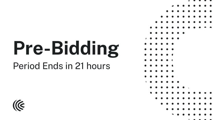 The image features a white banner with black dots, which reads "Pre-Bidding Period Ends In 21 Hours" and has a small logo at the bottom right corner. The text indicates that the auction period for the CAP token will end in less than 21 hours, and it is important to register and participate in the auction before this time runs out.