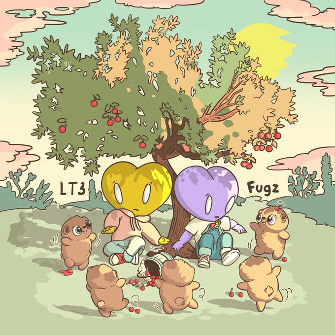A cartoon illustration of two heart-headed characters labeled 'LT3' and 'Fugz' sitting under a tree with red fruits, surrounded by small brown creatures collecting cherries.