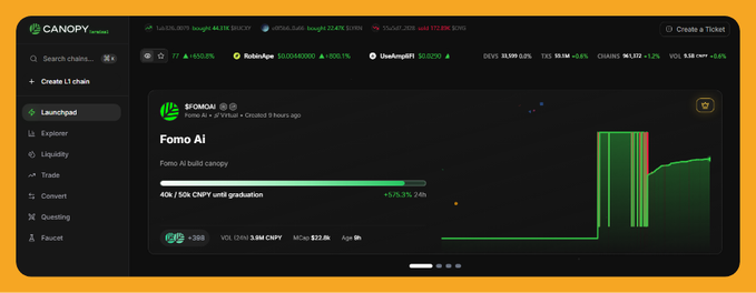 A screenshot of the 'Canopy (Beta)' crypto platform showing a token called '$FOMOAI' with the description 'Fomo AI build canopy' and a green price chart.