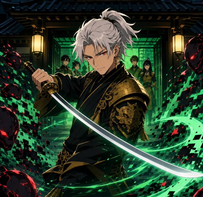 An anime-style illustration of a white-haired warrior in black and gold armor wielding a katana, surrounded by green digital energy and floating red rocks, with other figures standing in a doorway behind him.