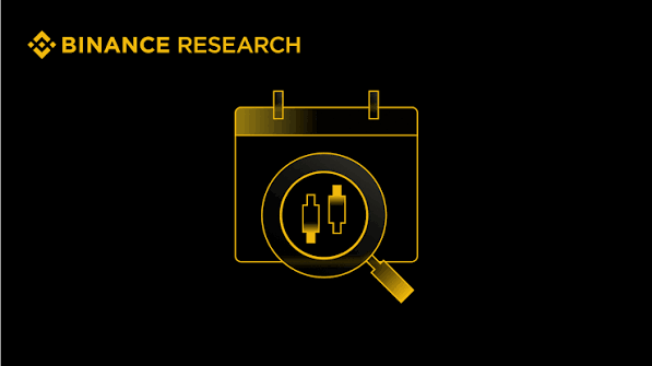 Binance Research logo featuring a gold calendar icon with a magnifying glass highlighting two candlestick chart bars on a black background.