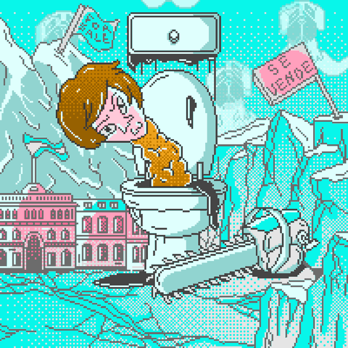 A retro-style pixel art scene shows a distressed girl emerging from a toilet with a chainsaw, set against a pink building and icy landscape with signs reading 'BLE' and 'SE VENDE'.