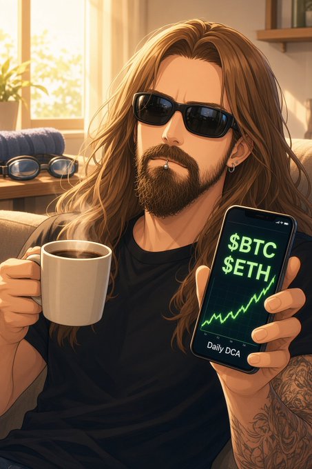 A cartoon-style illustration of a long-haired bearded man in sunglasses holding a coffee mug and a smartphone; the phone screen displays '$BTC' and '$ETH' with a rising green chart and 'Daily DCA' text.