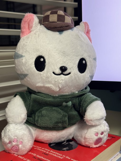 A white plush toy cat with pink ears and paws, wearing a green hoodie and a small checkered hat, sits on a red book in front of a computer monitor.