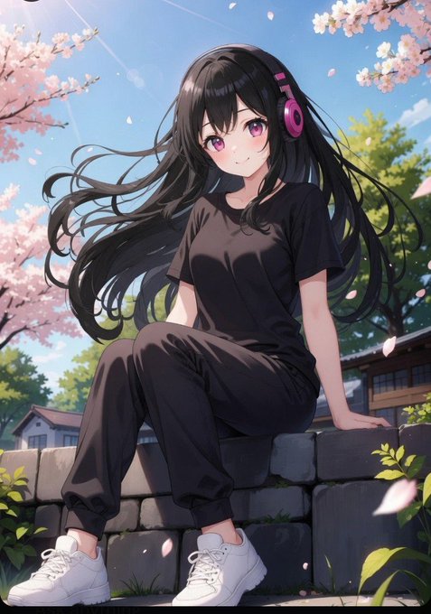 An anime-style illustration of a girl with long black hair, purple eyes, and pink headphones, sitting on a stone wall beneath cherry blossoms, dressed in black clothing and white sneakers.