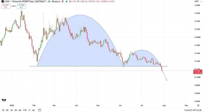 A candlestick chart of COW / TetherUS Perpetual Contract on Binance showing a downward trend, with technical analysis circles drawn over a descending price pattern and an arrow pointing toward lower support levels.