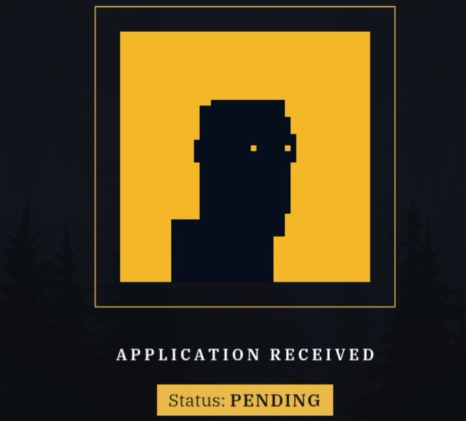 A digital status screen displays a pixelated silhouette on a yellow background with the text 'APPLICATION RECEIVED' and 'Status: PENDING'.