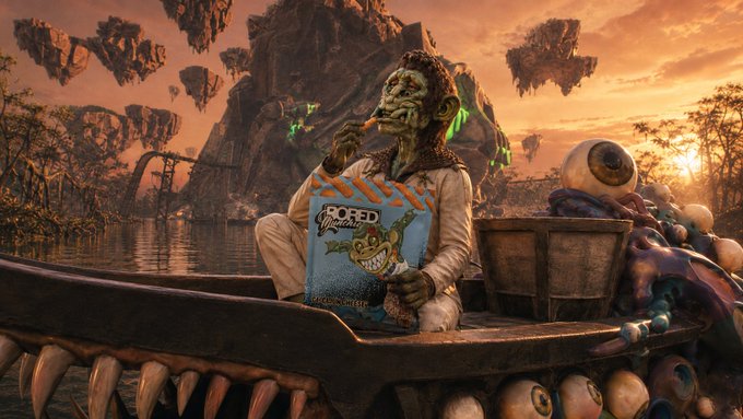 A surreal digital artwork featuring a green alien-like creature in a white robe sitting in a wooden boat, reading a cereal box labeled 'BOOFED' amidst floating islands and eyeball-covered tentacles under an orange sky.