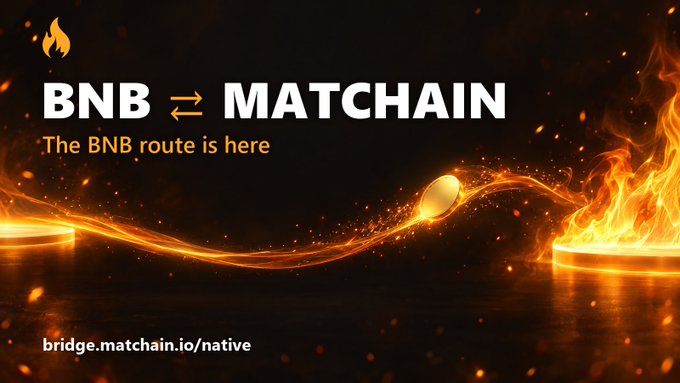 A promotional graphic featuring a glowing golden token flowing between two rings of fire, with text reading "BNB ⇄ MATCHAIN — The BNB route is here" and the URL "bridge.matchain.io/native," visually illustrating the simple one-step process of bridging BNB to the Matchain network via the official bridge.