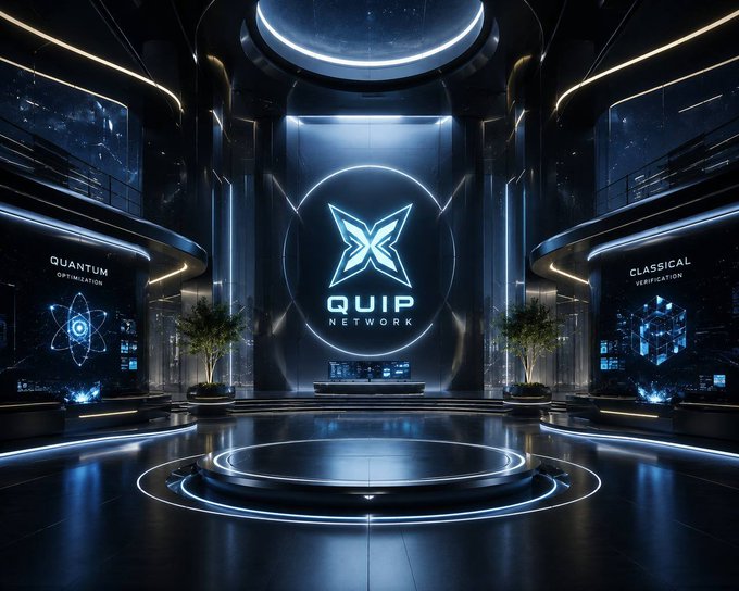 A futuristic, sci-fi themed digital environment showcasing the 'QUIP NETWORK' logo in the center, flanked by screens displaying 'QUANTUM OPTIMIZATION' and 'CLASSICAL VERIFICATION'.